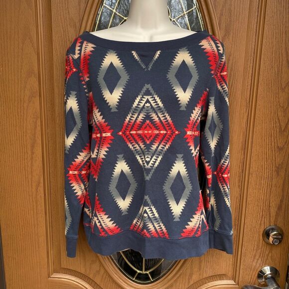 CHAPS Denim Ralph Lauren Southwestern 100% Cotton Thermal Waffle Weave Top M - Picture 3 of 10